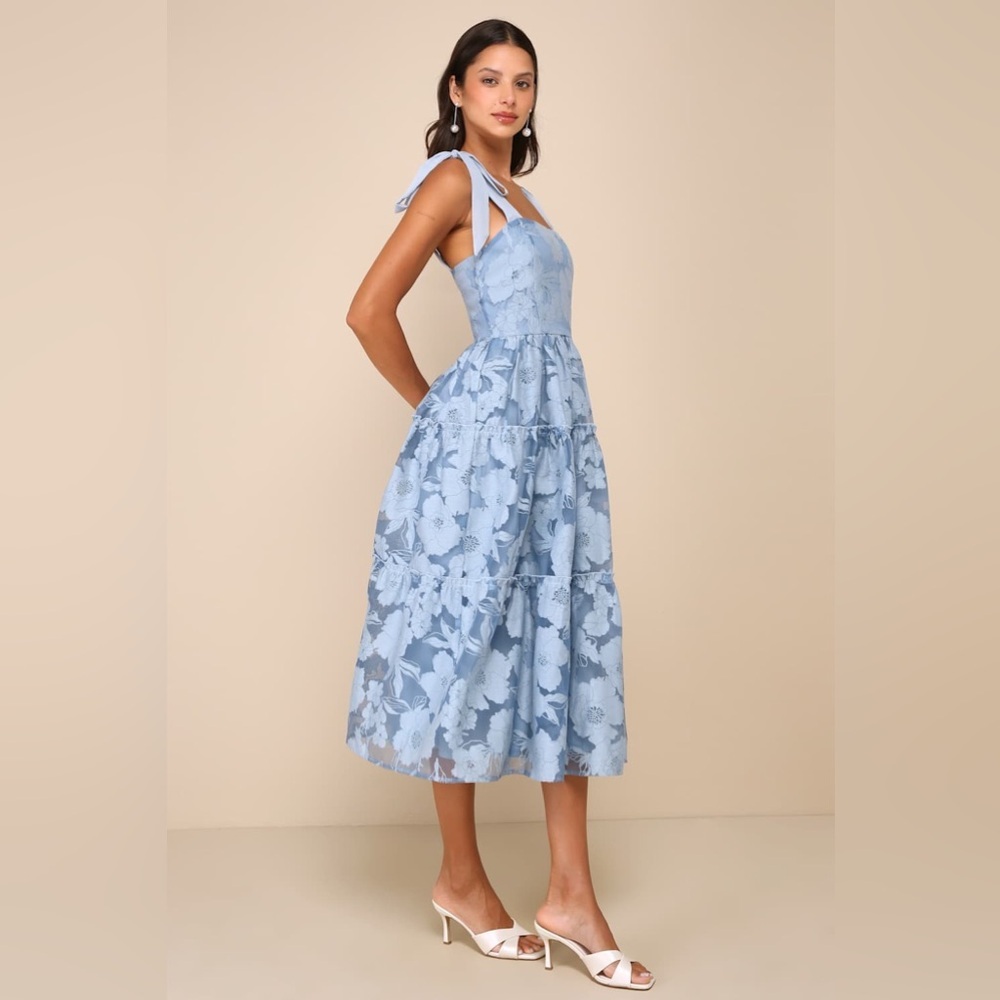 LULU’S Proof Of Perfection Blue Floral Tiered Tie-Strap Midi Dress - Picture 4 of 5